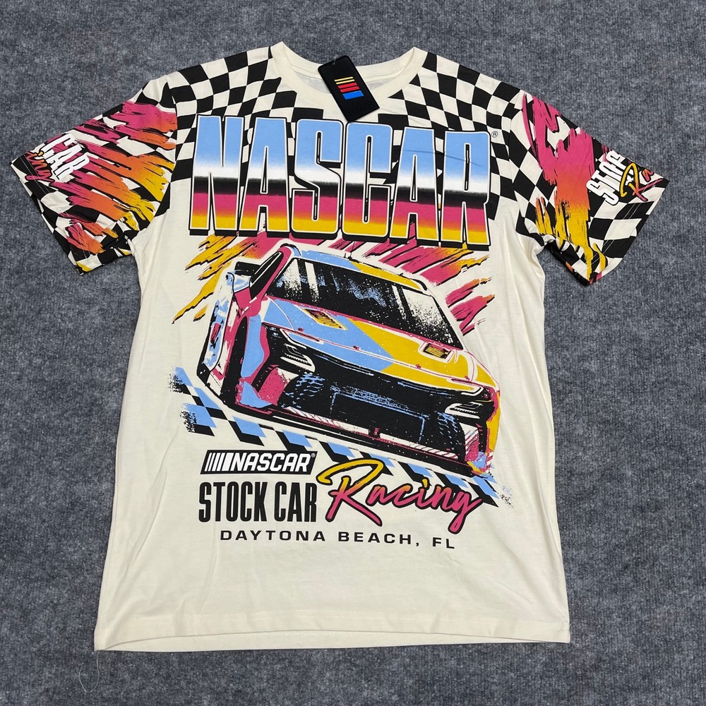 NASCAR Shirt Mens Large Cream Stock Car Racing Daytona America's Motorsport NEW